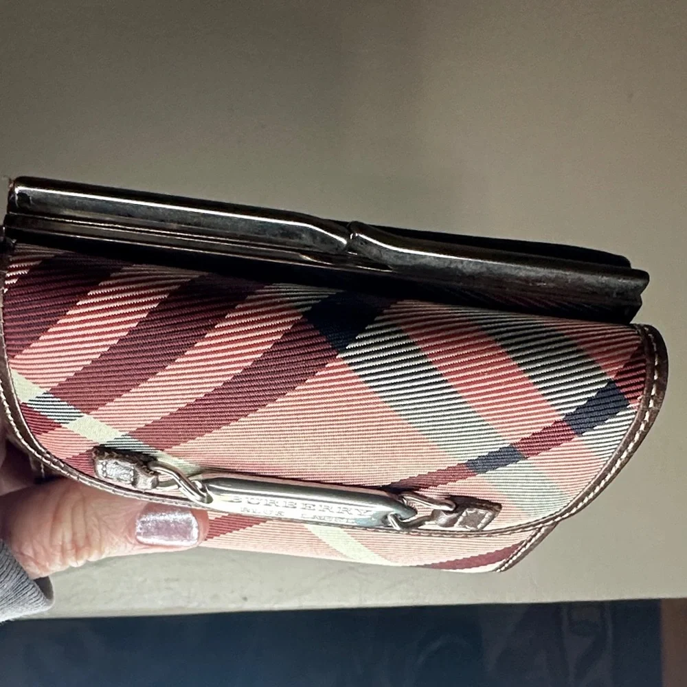 Burberry Blue Label Pink Nova Check Plaid Trifold Wallet with Kisslock Closure